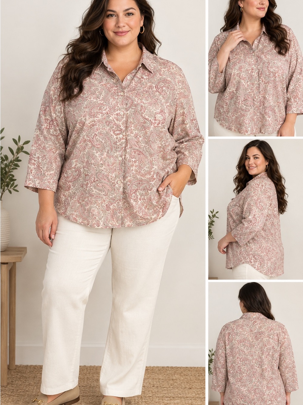 CHAPS No Iron Paisley Button Down Shirt Blouse Women’s Blush Mauve Cream Preppy